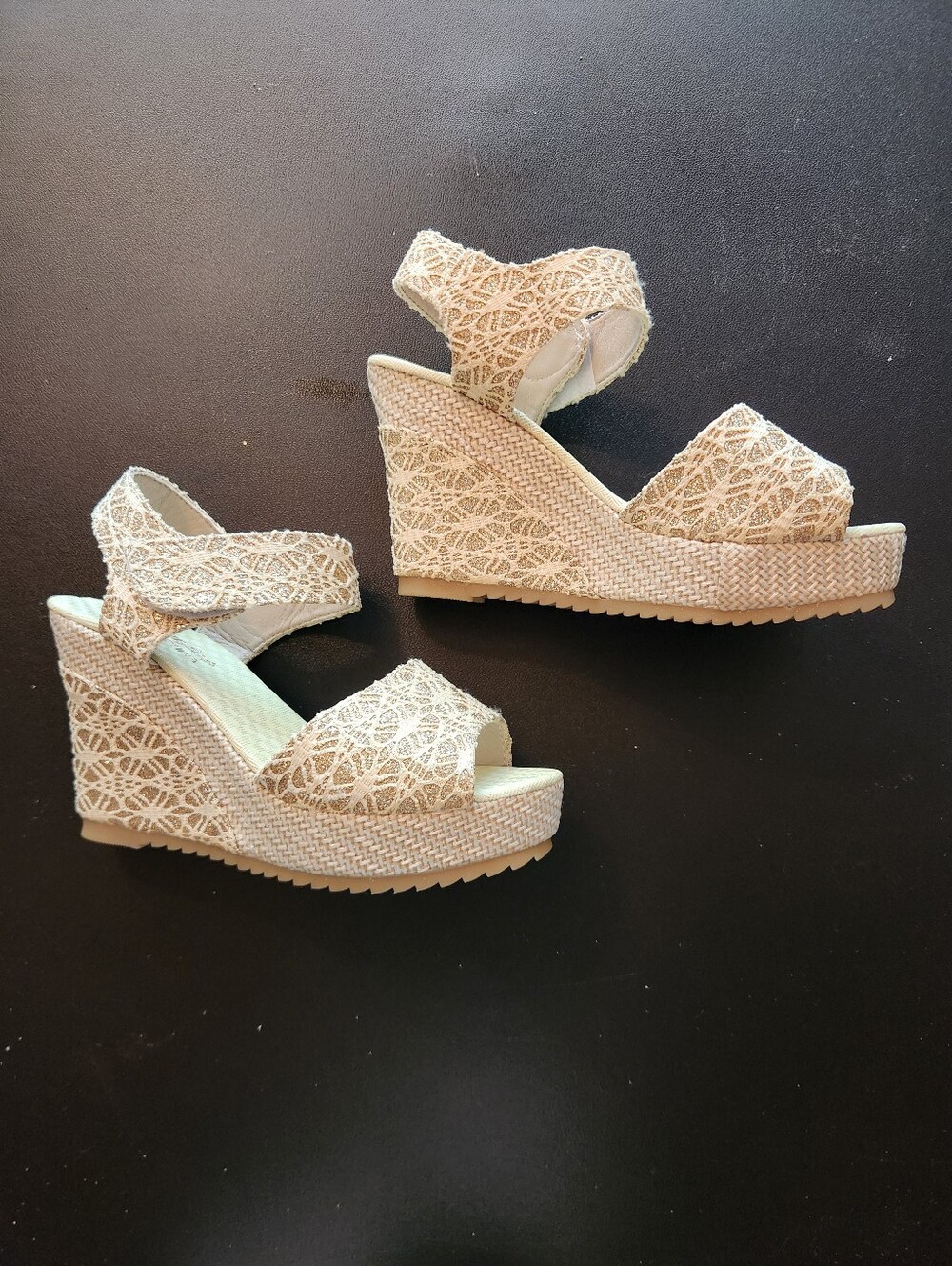 Womens Lace Espadrille Wedge Sandals - Cream